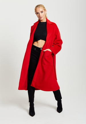 Liquorish Belted Longline Coat In Red