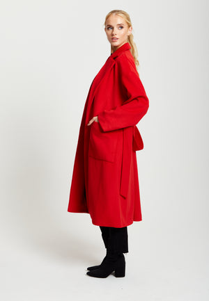 Liquorish Belted Longline Coat In Red