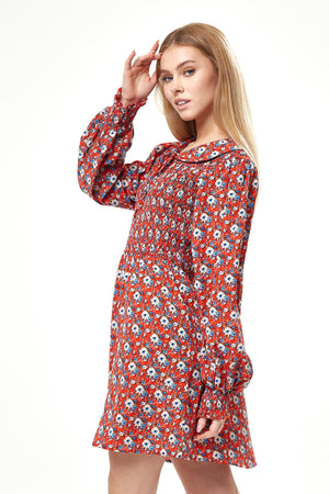 Liquorish Floral Print Smock Mini Dress With Peter Pan Collar In Red