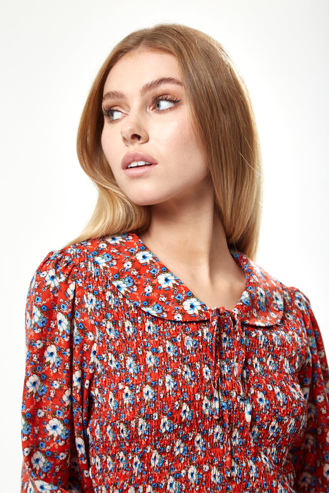 Liquorish Floral Print Smock Mini Dress With Peter Pan Collar In Red