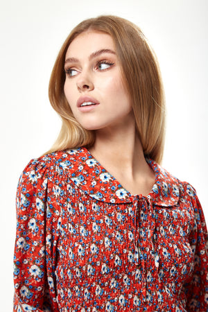 Liquorish Floral Print Smock Mini Dress With Peter Pan Collar In Red