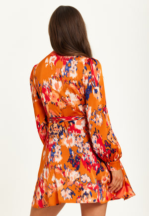 Liquorish Abstract Print Mini Wrap Dress With Long Sleeves In Orange