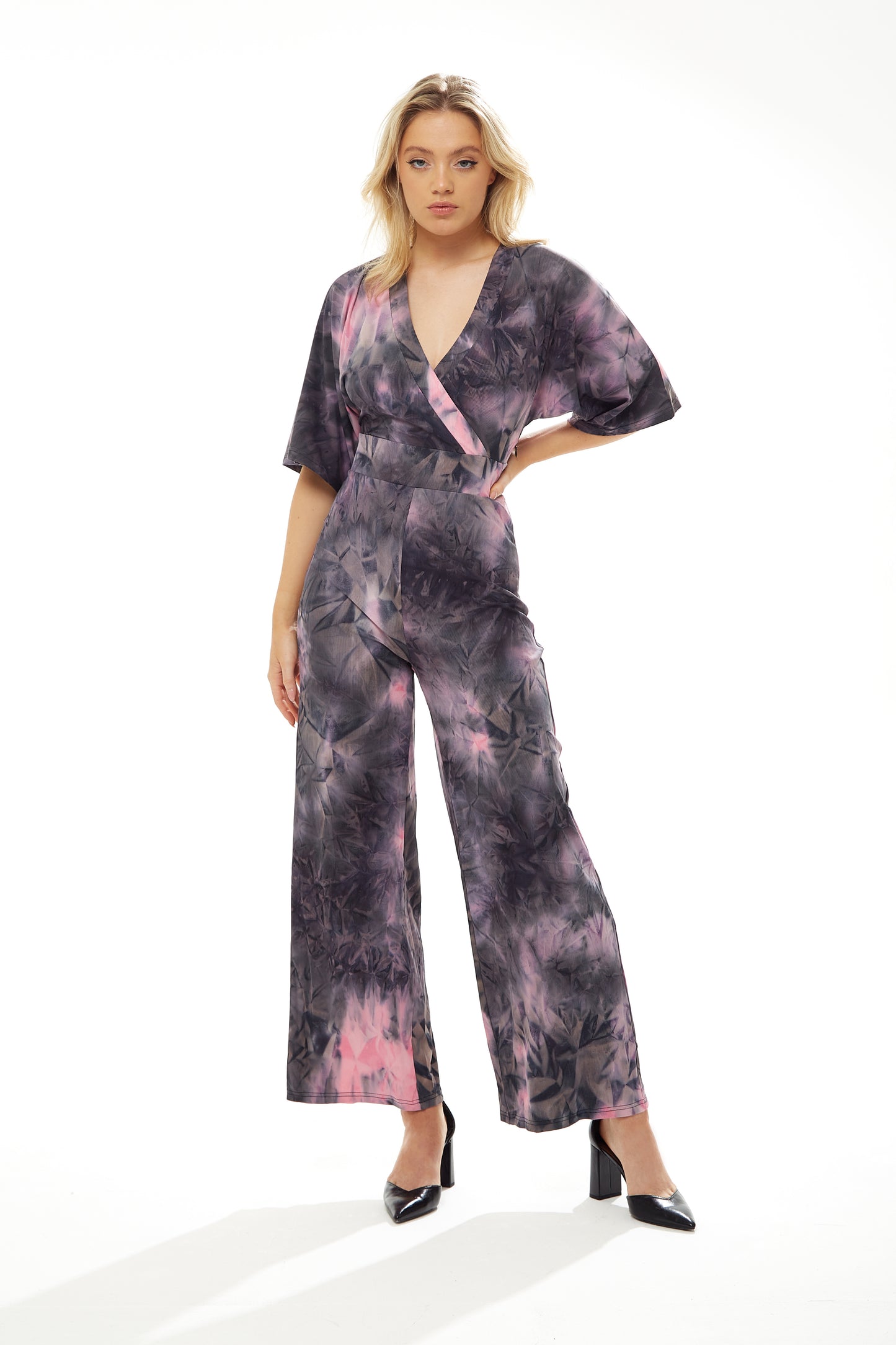 
                  
                    Liquorish Jumpsuit with Short Sleeves in Grey and Pink Tie Dye
                  
                