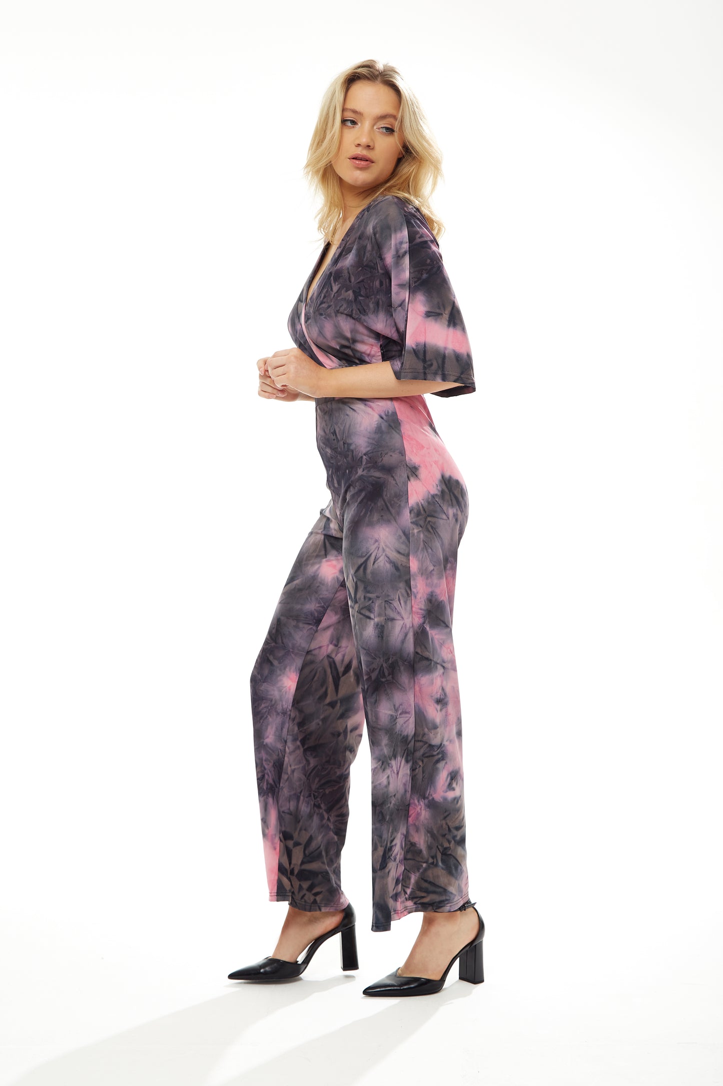 
                  
                    Liquorish Jumpsuit with Short Sleeves in Grey and Pink Tie Dye
                  
                