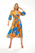 Liquorish Midi Dress In Orange & Blue Floral Print
