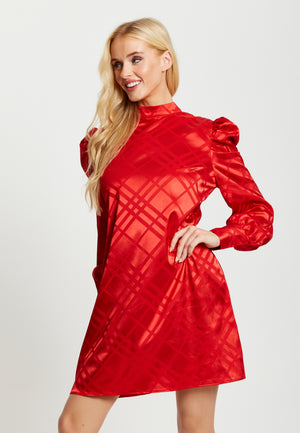 Liquorish Check Jacquard Mini Dress With High Neck & Puff Sleeve Detail In Red