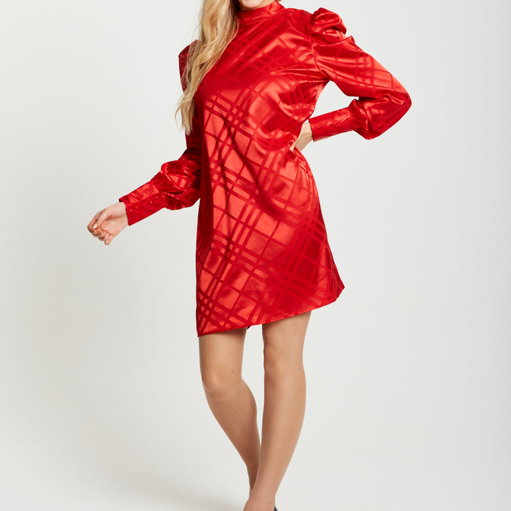 
                  
                    Liquorish Check Jacquard Mini Dress With High Neck & Puff Sleeve Detail In Red
                  
                