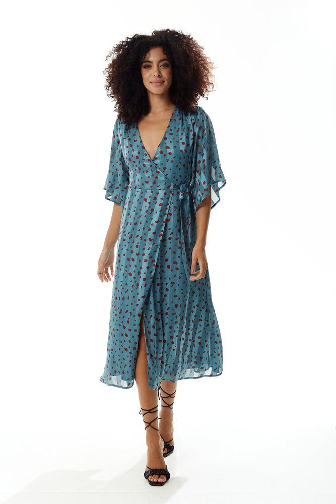 Liquorish Animal Print Midi Wrap Dress in Dark Blue