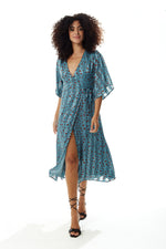 Liquorish Animal Print Midi Wrap Dress in Dark Blue