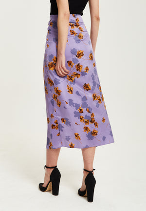 Liquorish Purple Floral Midi Skirt With Ruching Detail