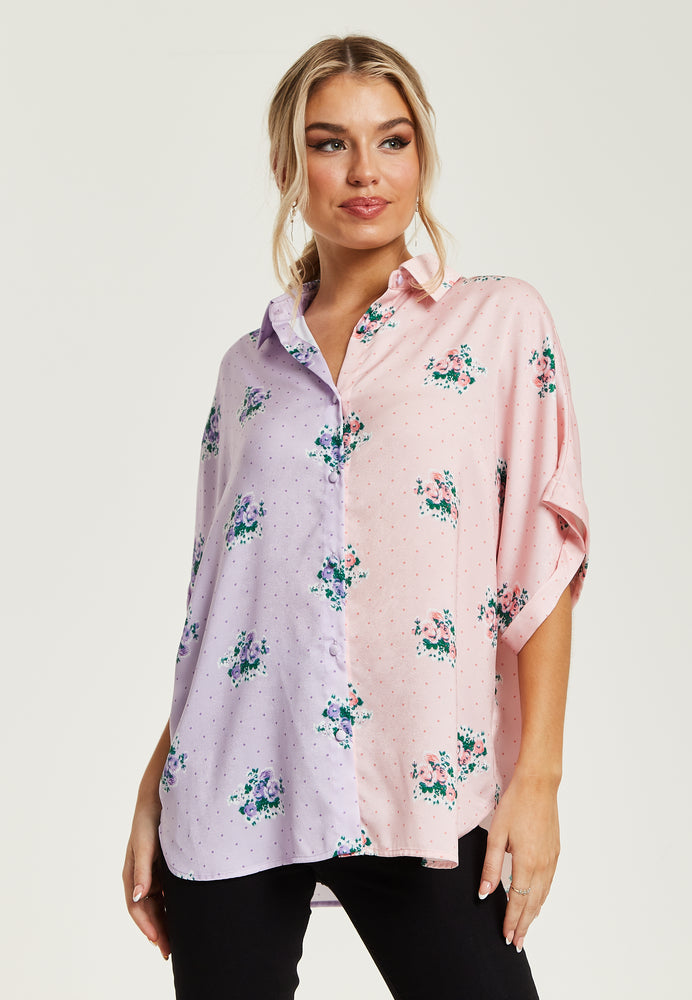 Liquorish Pink And Lilac Floral Print Shirt With Short Sleeves