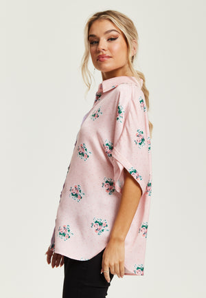 Liquorish Pink And Lilac Floral Print Shirt With Short Sleeves