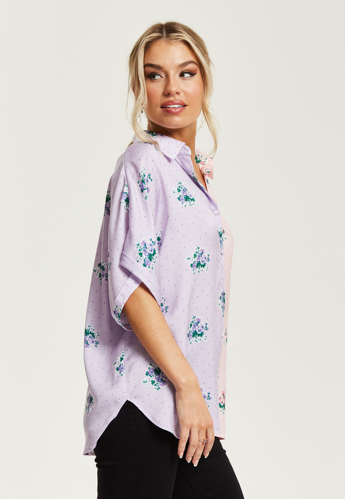 Liquorish Pink And Lilac Floral Print Shirt With Short Sleeves