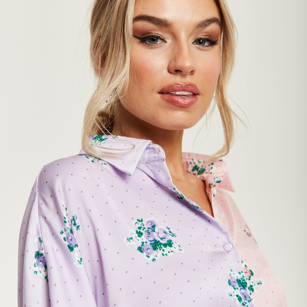 
                  
                    Liquorish Pink And Lilac Floral Print Shirt With Short Sleeves
                  
                