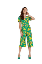 Rock Kandy Wide Leg Jumpsuit In Yellow Leaf Print