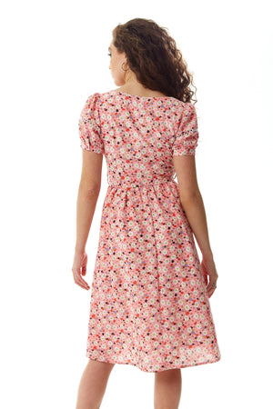 Liquorish Pink Floral Midi Dress with Trim Lace Details