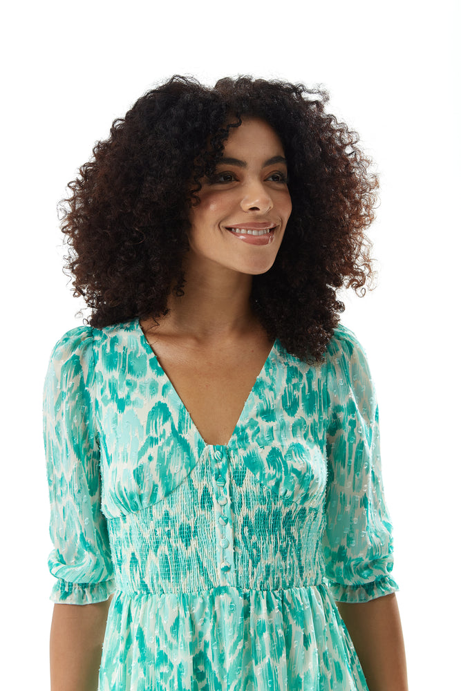 Liquorish Floral Maxi Chiffon Dress in Green and White