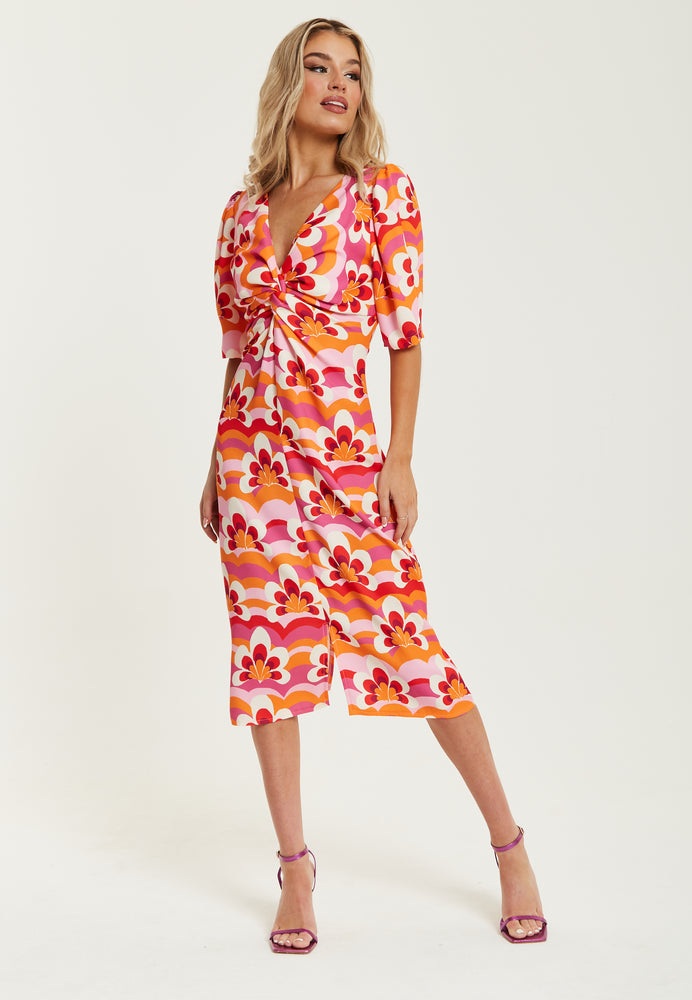 Liquorish Floral Knot Front Midi Dress in Orange and Pink