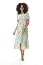 Liquorish Gingham and Floral Midi Dress in Green and White with Trim Lace Collar