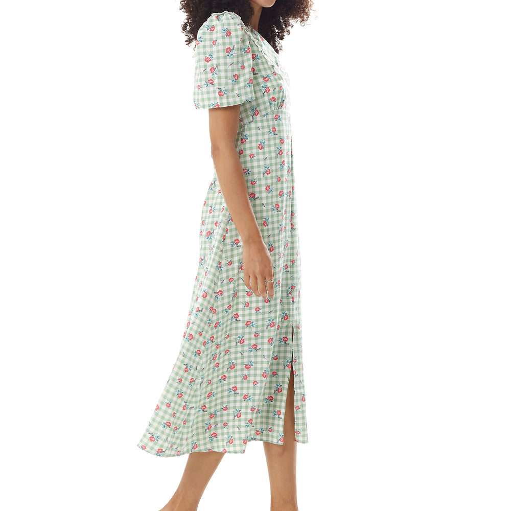 
                  
                    Liquorish Gingham and Floral Midi Dress in Green and White with Trim Lace Collar
                  
                