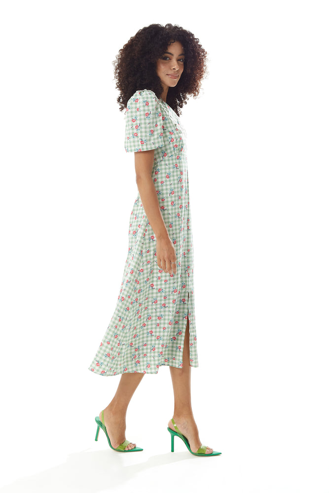 Liquorish Gingham and Floral Midi Dress in Green and White with Trim Lace Collar