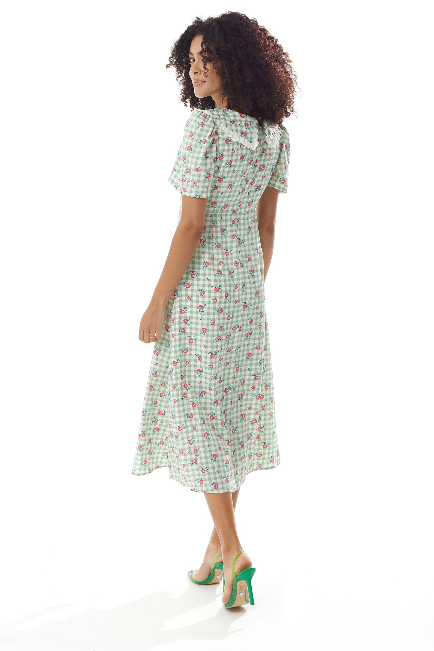 
                  
                    Liquorish Gingham and Floral Midi Dress in Green and White with Trim Lace Collar
                  
                