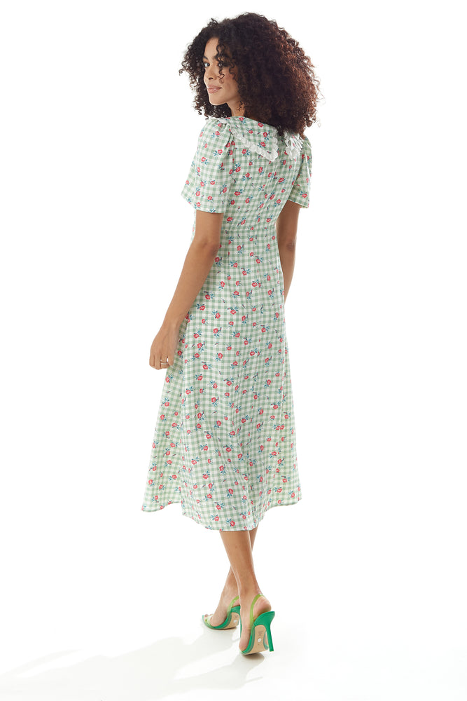 Liquorish Gingham and Floral Midi Dress in Green and White with Trim Lace Collar