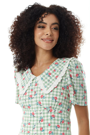 Liquorish Gingham and Floral Midi Dress in Green and White with Trim Lace Collar