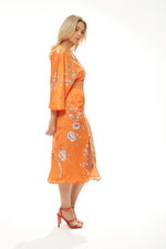 Liquorish Kimono Midi Dress with Open Back in Orange Oriental Print