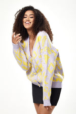 Liquorish Geometric Pattern Cardigan In Yellow And Lilac