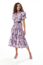 Liquorish Floral Print Button Up Midi Dress in Lilac