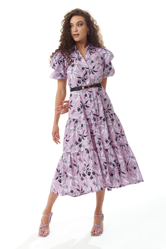 Liquorish Floral Print Button Up Midi Dress in Lilac