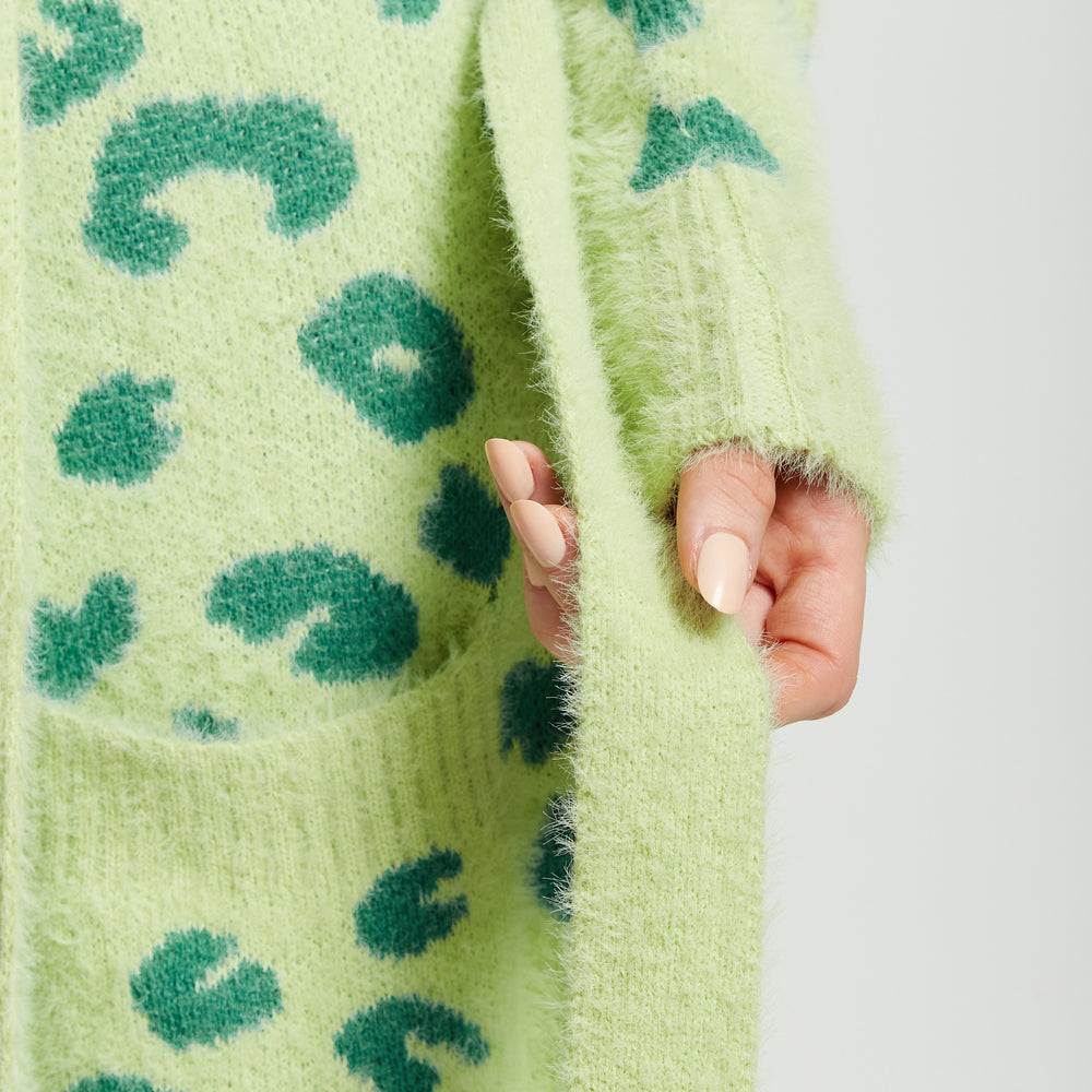 
                  
                    Liquorish Fluffy Longline Cardigan In Green Animal Print
                  
                