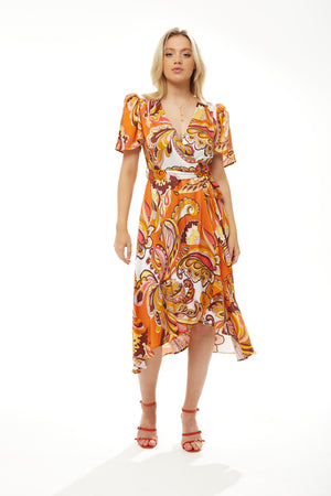 LIQUORISH FAKE WRAP MIDI DRESS IN ORNGE FLORAL