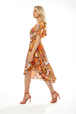 LIQUORISH FAKE WRAP MIDI DRESS IN ORNGE FLORAL