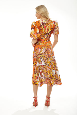 LIQUORISH FAKE WRAP MIDI DRESS IN ORNGE FLORAL