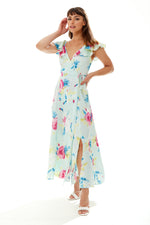 Liquorish Maxi Floral Print Wrap Dress in Mint Green