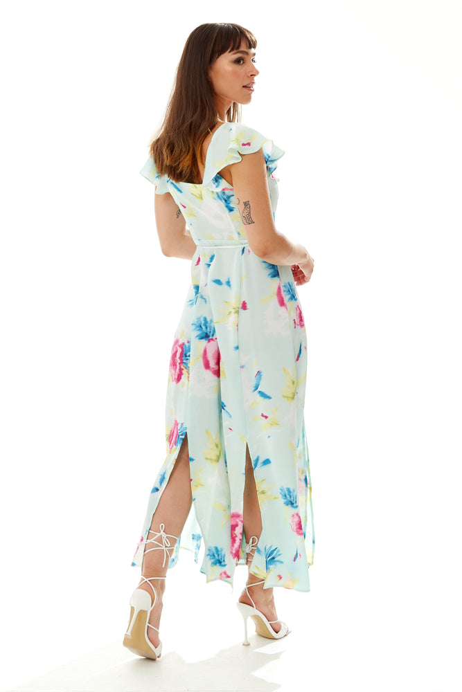 Liquorish Maxi Floral Print Wrap Dress in Mint Green