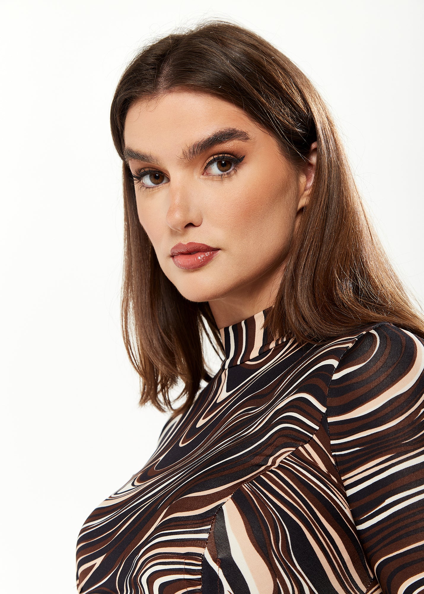 Women's Mini Dress with High Neck, Long Sleeves, Brown Marble Print, F Liquorish Online Women's Mini Dress with High Neck, Long Sleeves, Brown Marble Print, F Liquorish Online