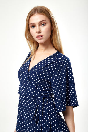 Liquorish Small Polka Dot Midi Wrap Dress In Navy