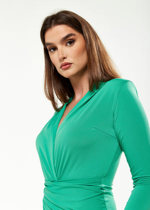 Divine Grace Deep V-neck Midi Dress with Drape Detail in Jade Green
