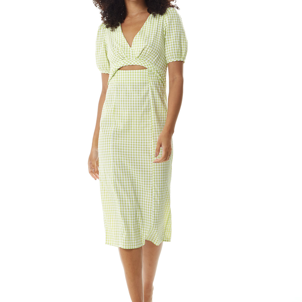 
                  
                    Liquorish Gingham Cut out front Midi Dress in Green and White
                  
                