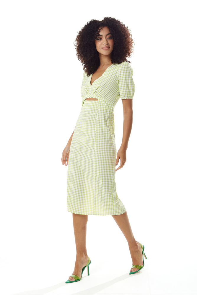 Liquorish Gingham Cut out front Midi Dress in Green and White