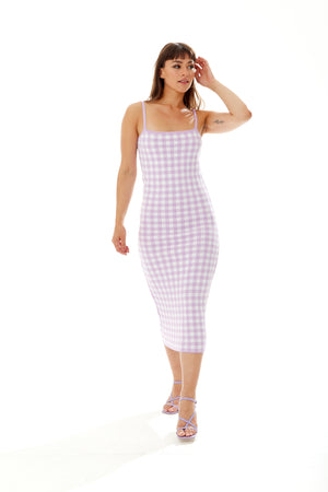 Liquorish Knitted Midi Dress in Lilac and White Check
