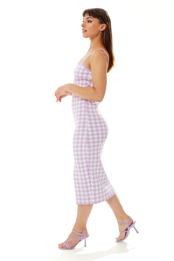 Liquorish Knitted Midi Dress in Lilac and White Check