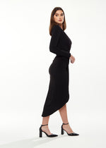 Divine Grace Deep V-neck Midi Dress with Drape Detail in Black