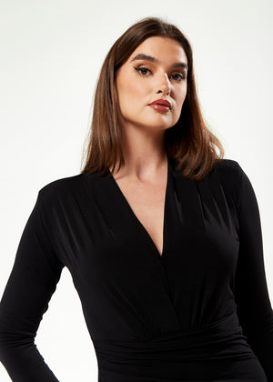 Divine Grace Deep V-neck Midi Dress with Drape Detail in Black