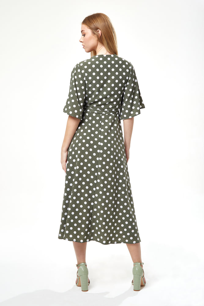 Liquorish Polka Dot Midi Wrap Dress In Khaki