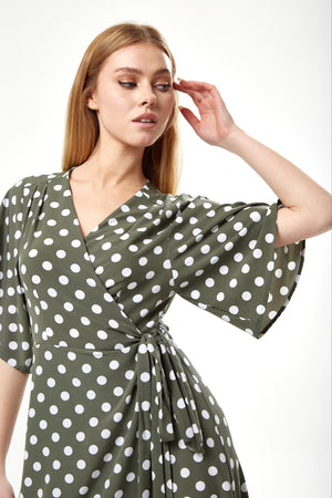 Liquorish Polka Dot Midi Wrap Dress In Khaki
