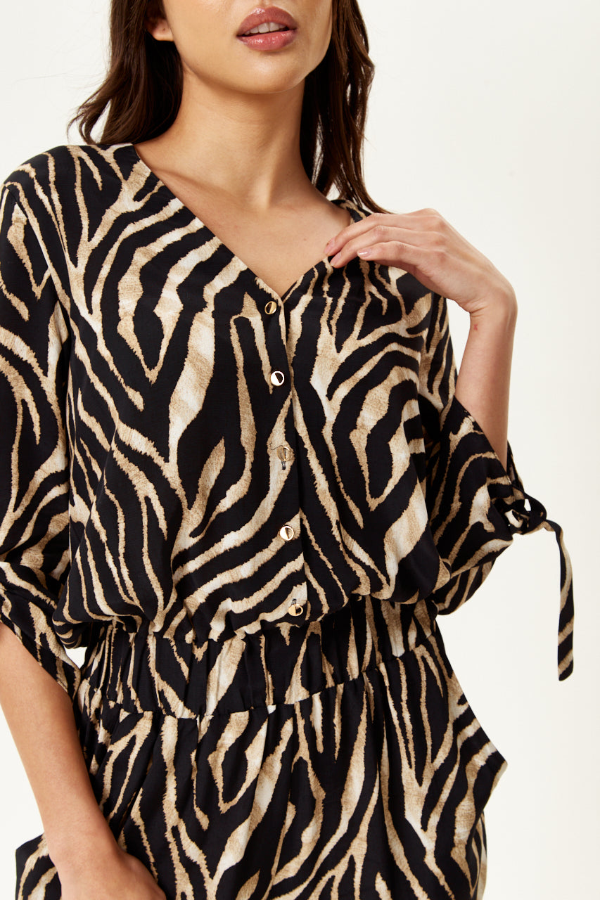 Women s Zebra Print Jumpsuit with 3 4 Sleeves V Neck Elasticated Wai Liquorish Online